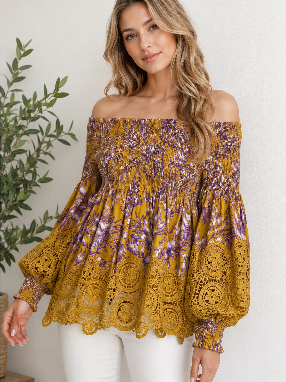 Petal Roz Boho Off Shoulder Smocked Crochet Lace Blouse Mustard Purple Floral L - Picture 7 of 8
